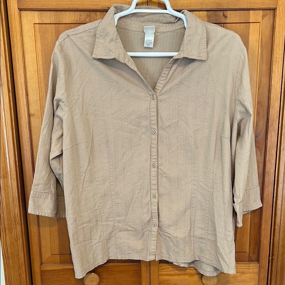 Fashion Bug Tan Textured Button‑Down Shirt Plus 30/32 EUC 3/4 Sleeve Cotton